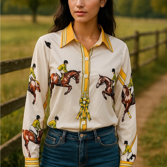 Equestrian Horse Rider Print Button Down Blouse | Size L | Retro Preppy Chic - Picture 1 of 11